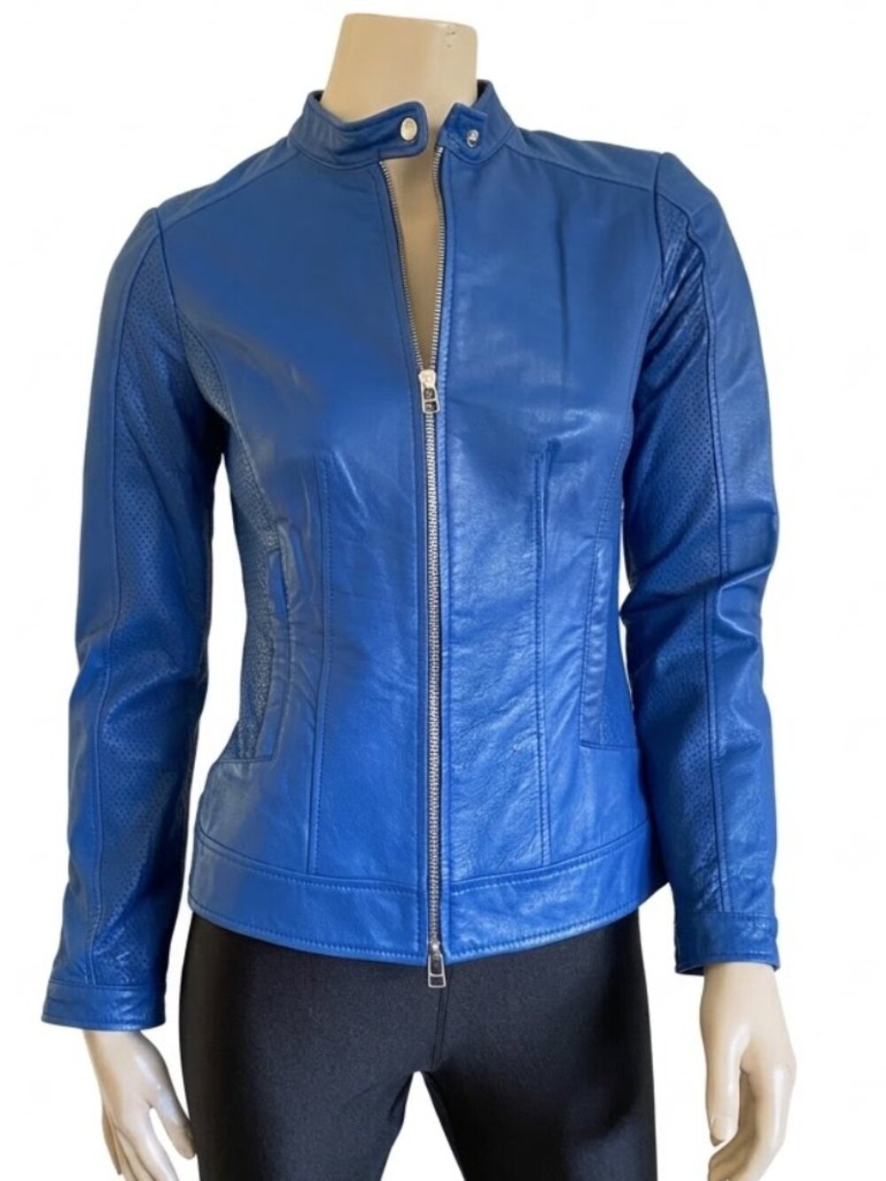 Danier Electric Blue Leather Moto Jacket Perforated Size XS / 2XS NWT